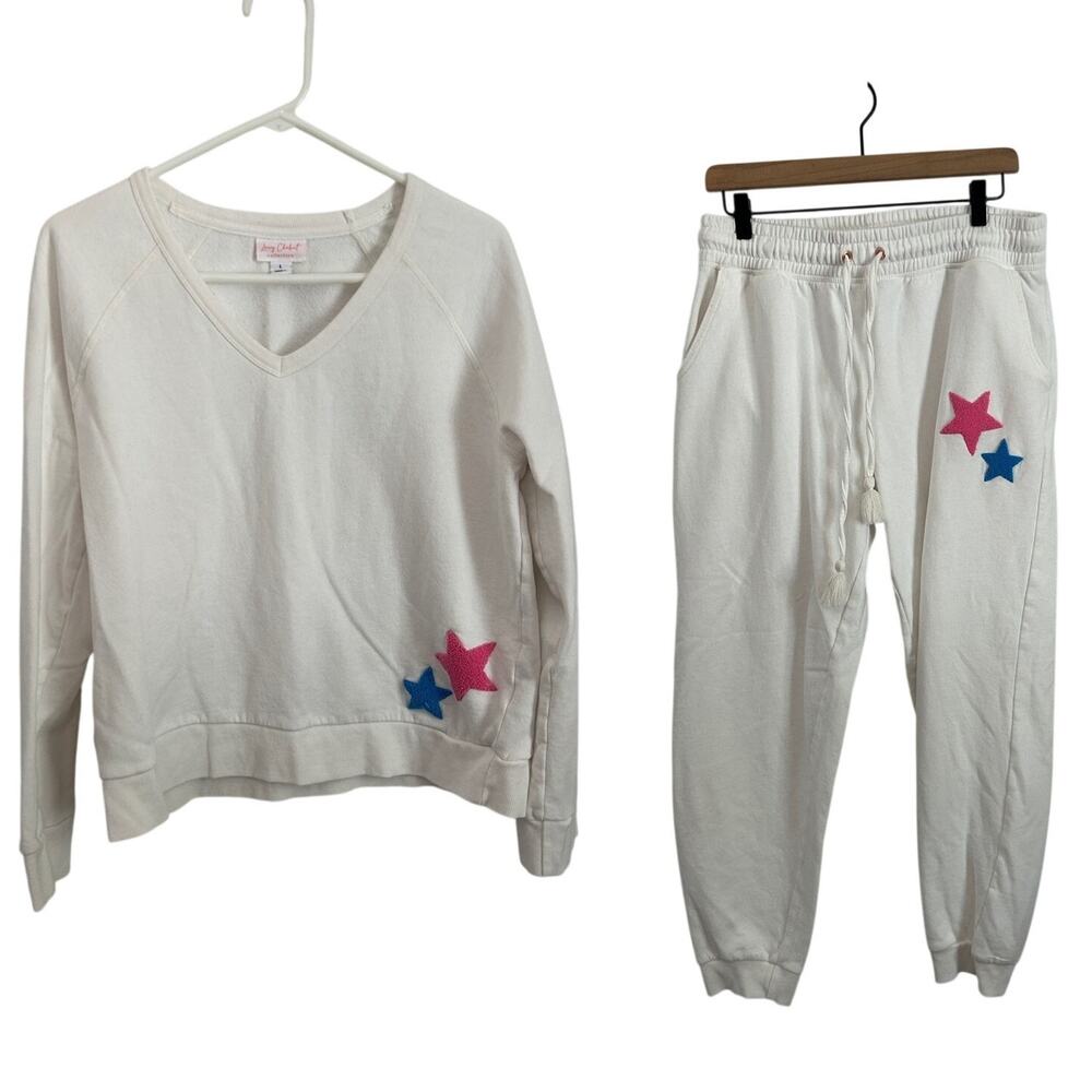 Lacey Chabert Collection Star Lounge Set Cream V‑Neck Top & Joggers Size Large